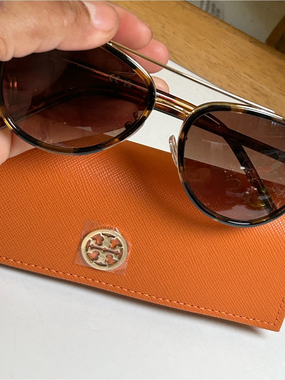 Tory Burch Gold Frame Sunglasses with Brown Gradient Lenses and Orange Case